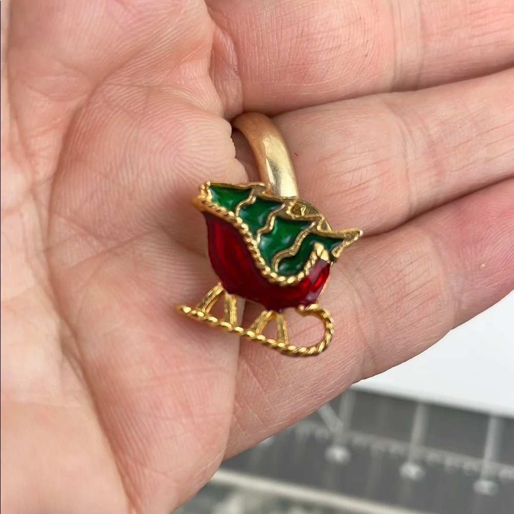 Vintage Enamel Mini Christmas Tree in a Sleigh Pin